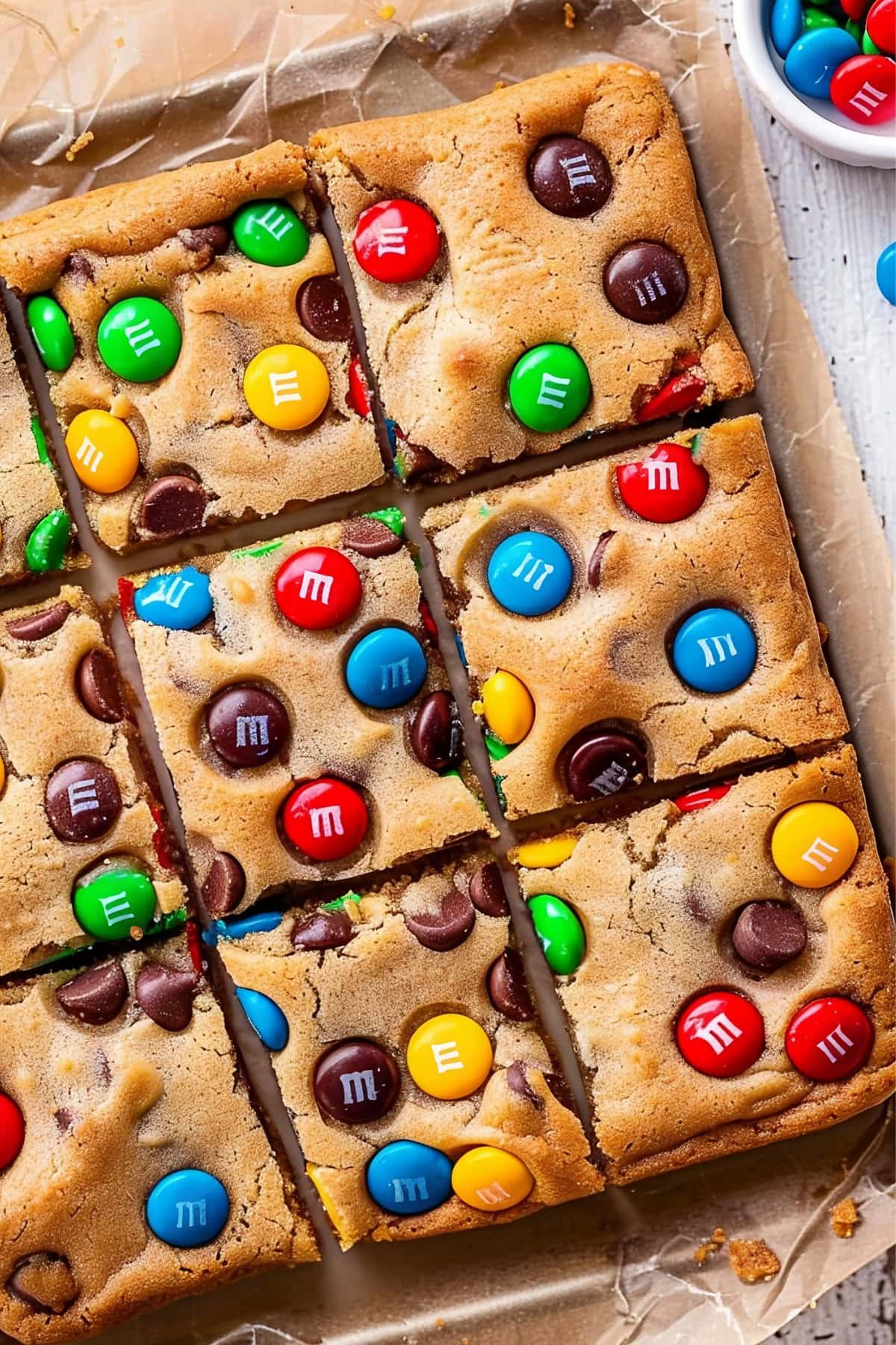 M&M Cookie Bars on a Parchment Paper