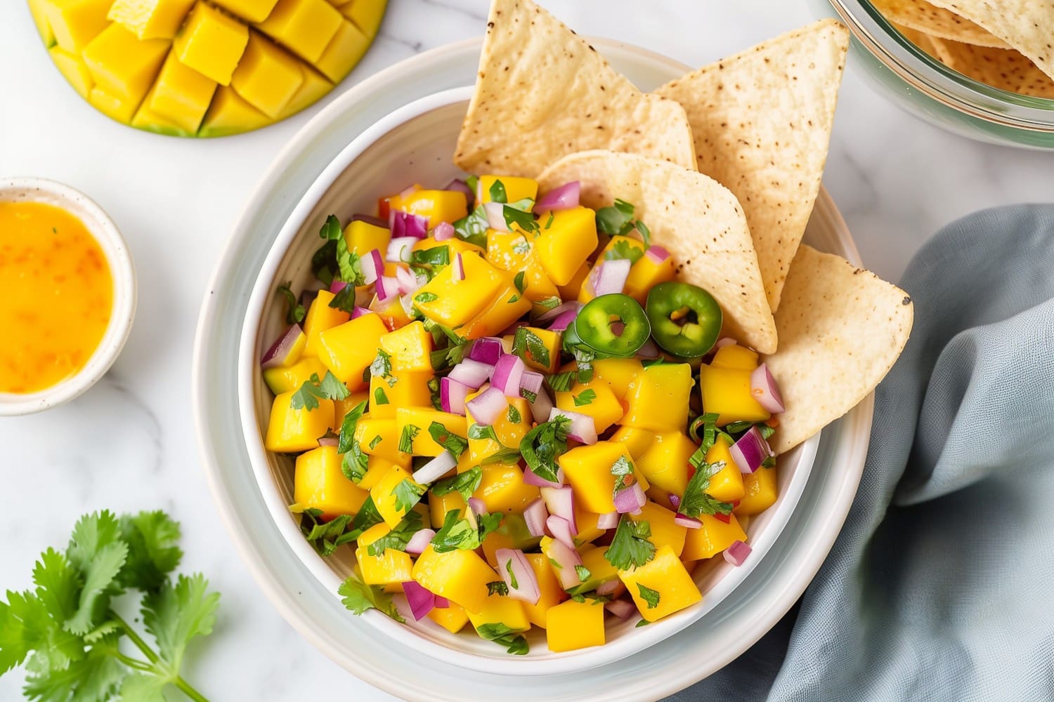 Mango Salsa in a White Bowl Served with Tortilla Chips and a Dipping Sauce on the Side.