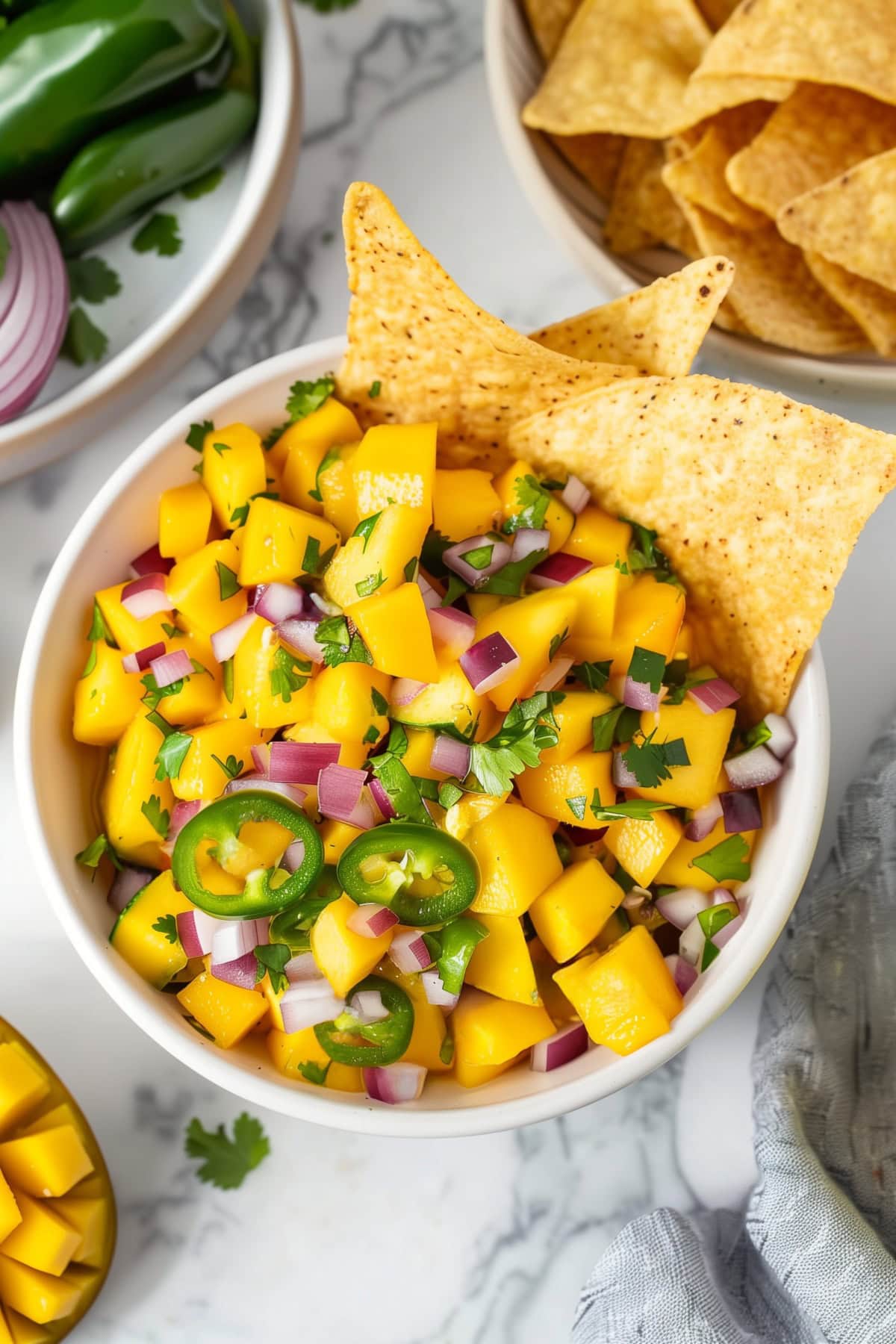 A bowl of mango salsa with red onions, jalapeno peppers and cilantro, served with tortilla chips.