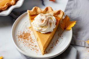 Maple cream pie with whipped cream on top served on a white plate.