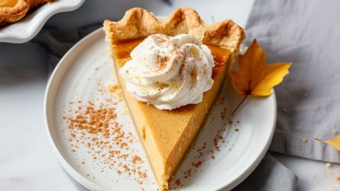 Maple cream pie with whipped cream on top served on a white plate.