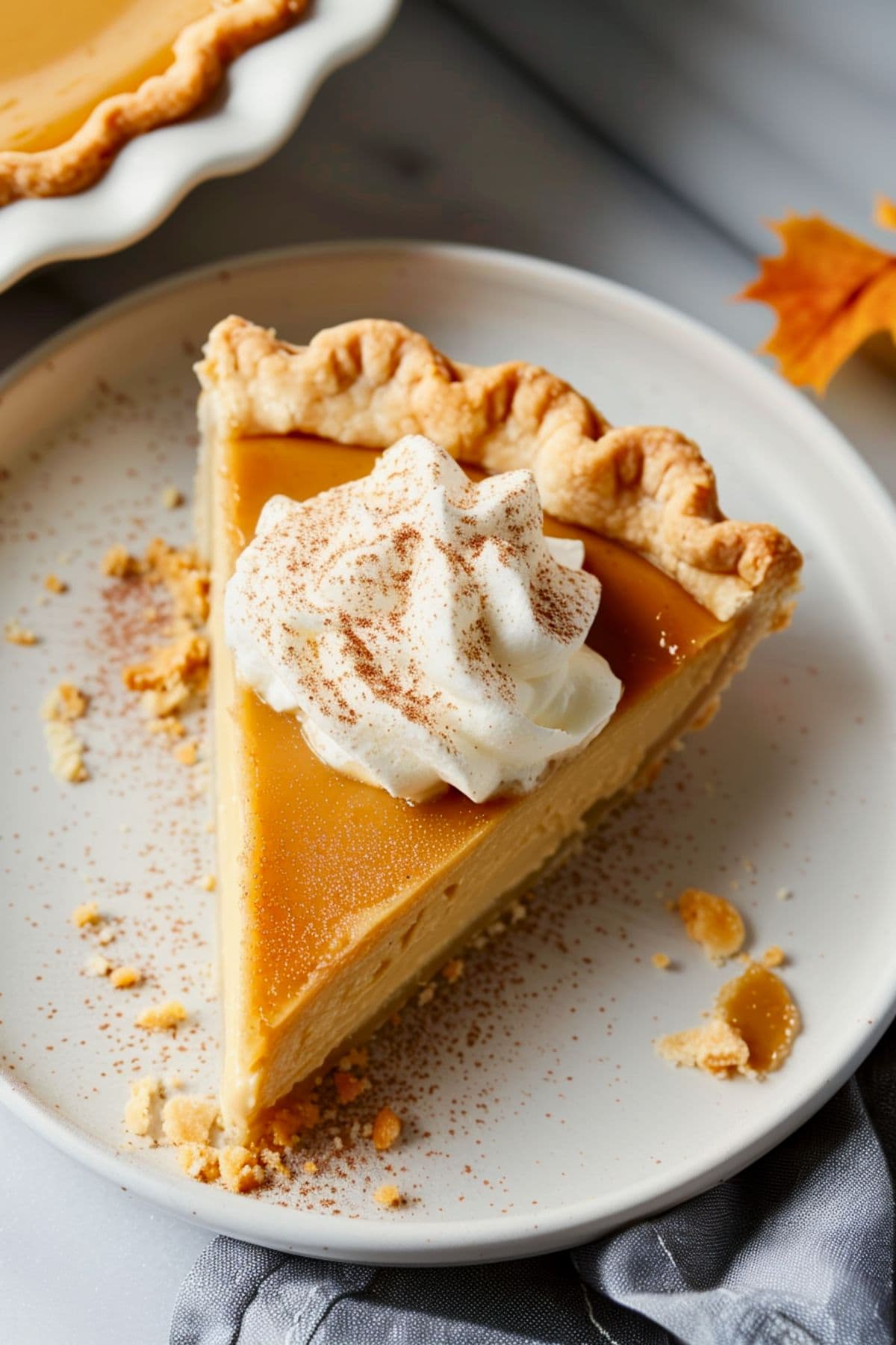 Maple cream pie slice garnished with whipped cream and cinnamon on a top, top view