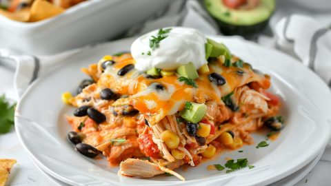 Portion of a Mexican chicken casserole served on a plate.