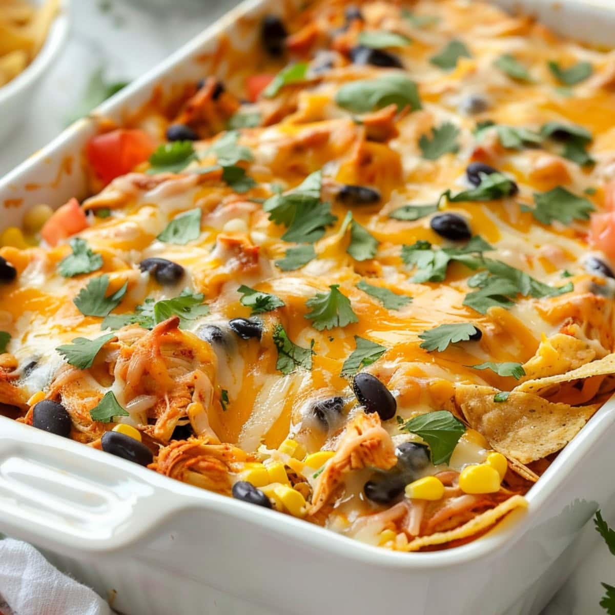 Shredded chicken, black beans, corn, salt, chili powder, cumin, black pepper, fire-roasted tomatoes, cream of chicken soup, and sour cream in a baking dish.