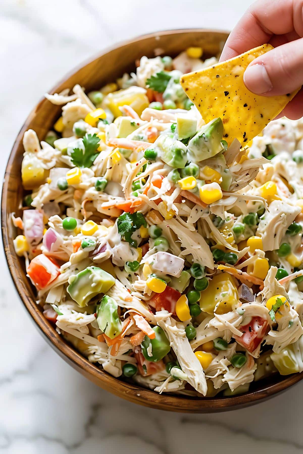 Hand holding tortilla chip dipping to a bowl of Mexican chicken salad.