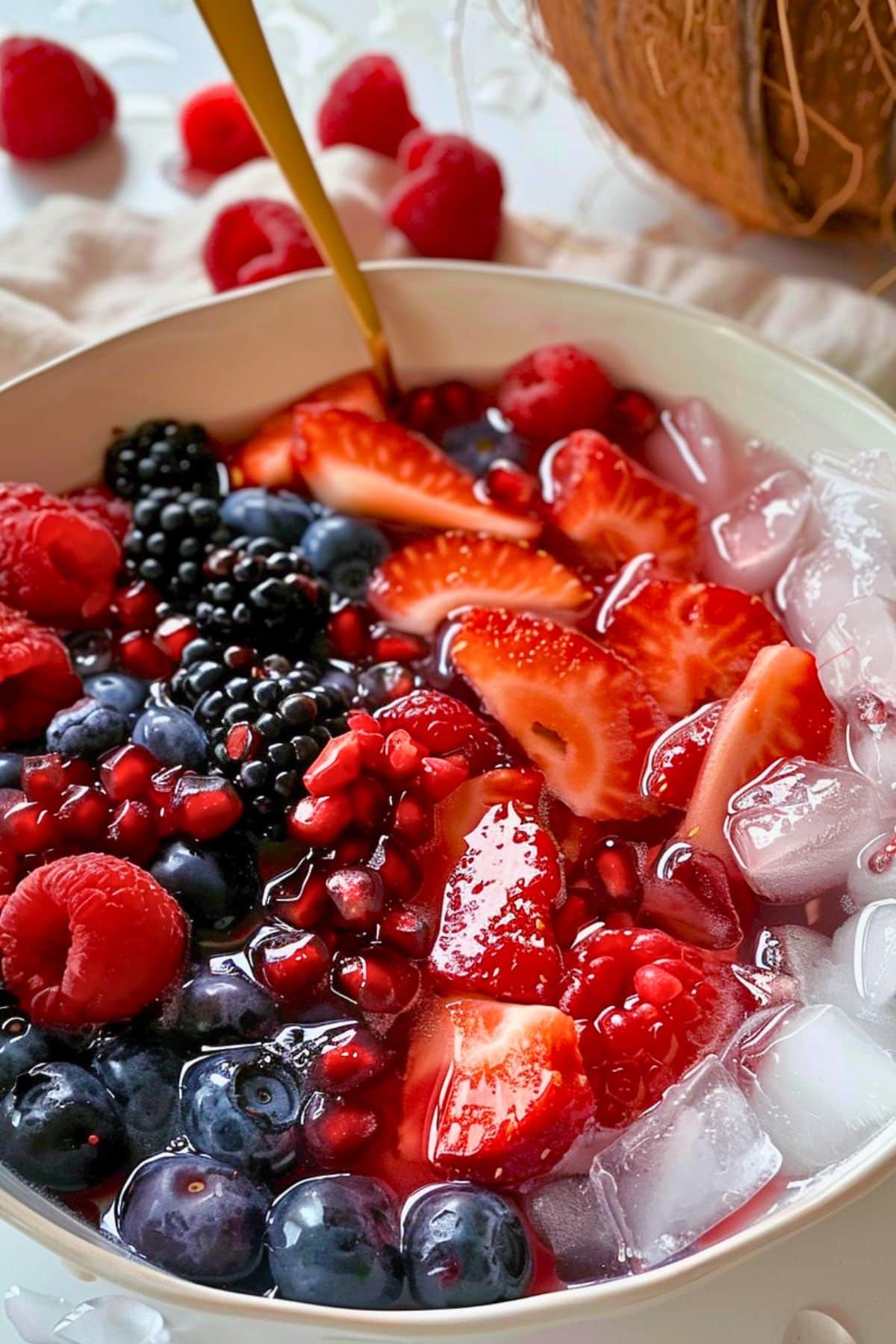 White bowl with mix of Blueberries, blackberries, raspberries, pomegranate seeds, and chopped strawberries with cube ice and coconut water.