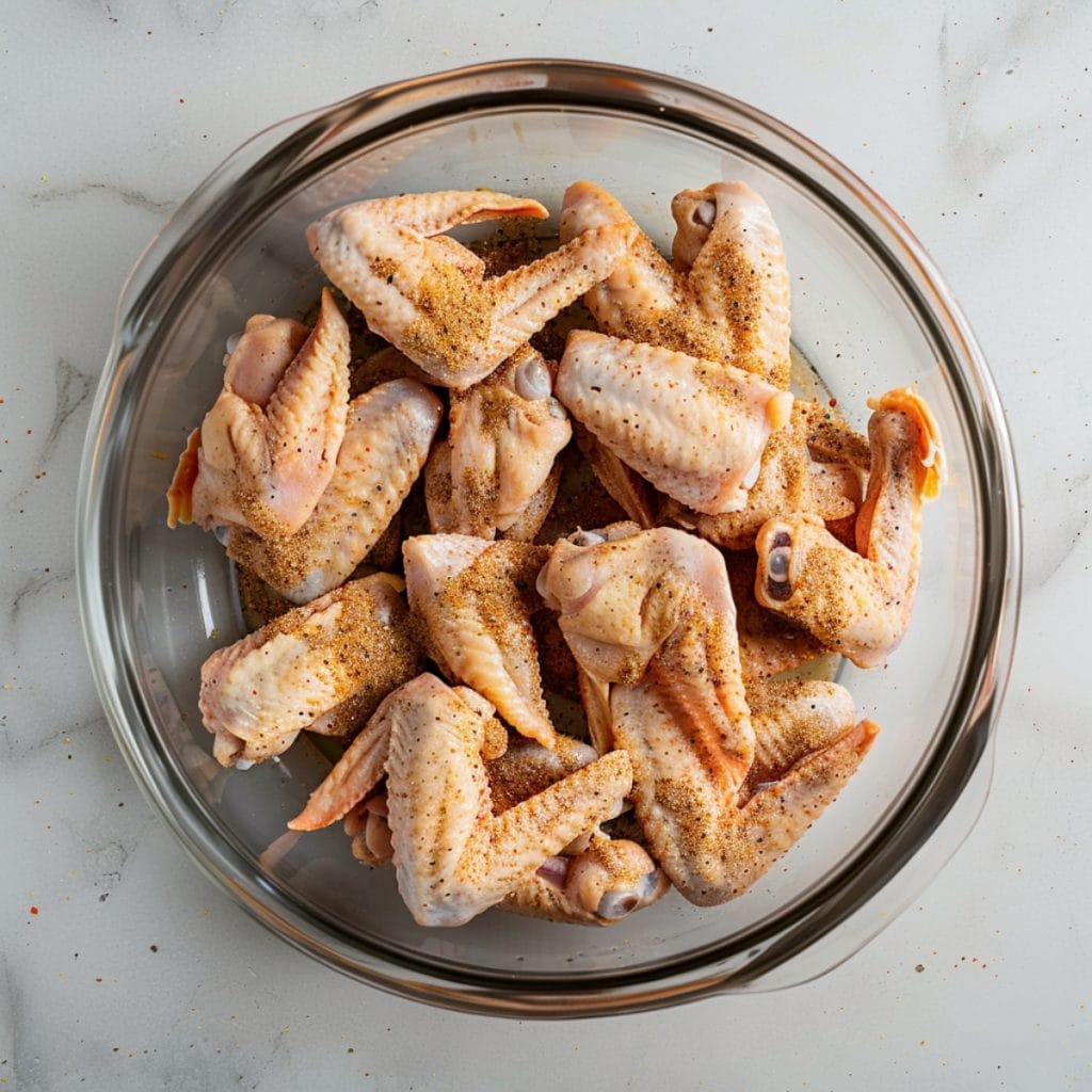 Chicken wings tossed in Old Bay seasoning in a large glass mixing bowl.