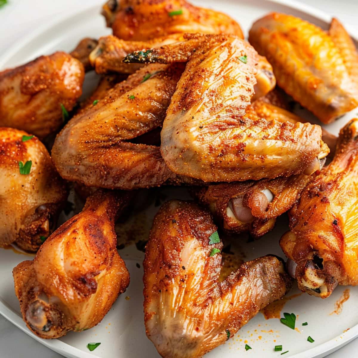 Baked chicken wings arranged in a white plate.