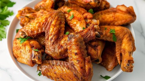 Old bay seasoning coated baked chicken wings served on a white plate.