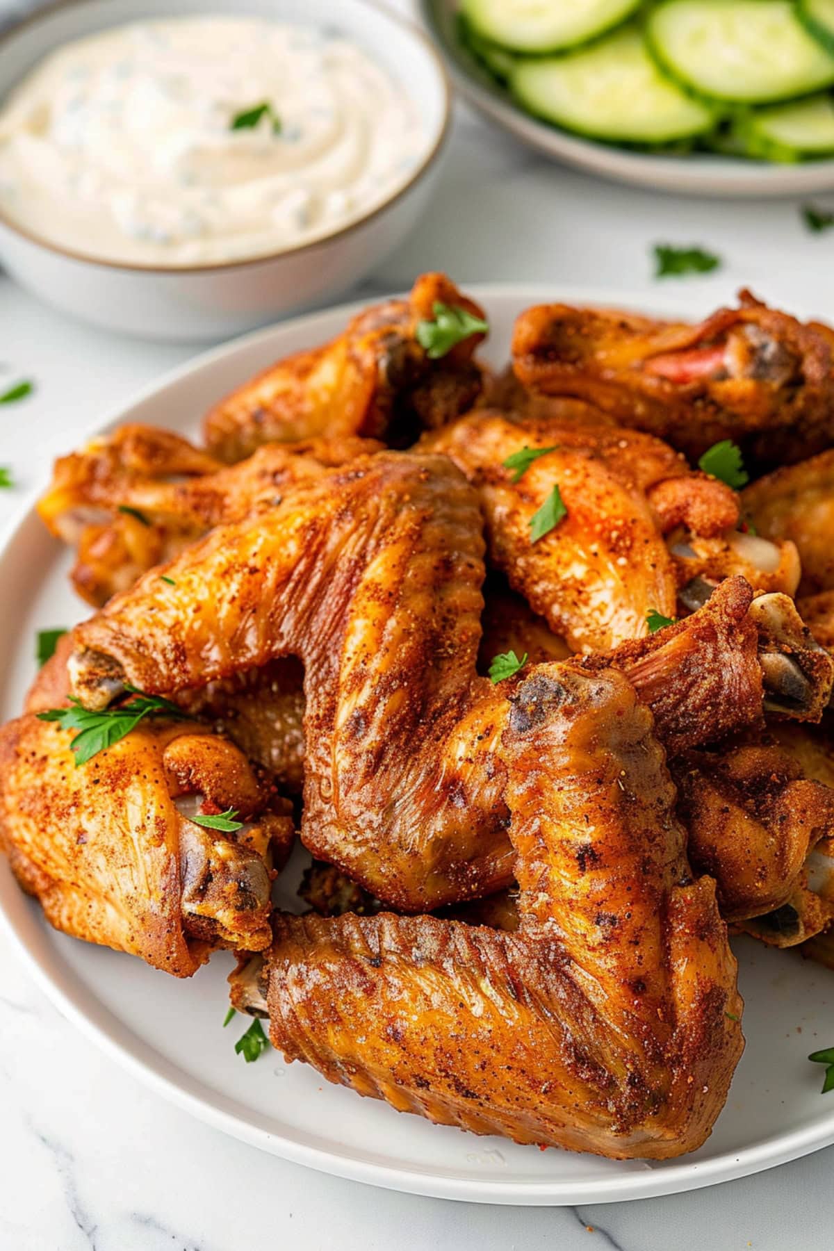 Bunch of baked chicken wings with Old Bay seasoning served on a white plate.