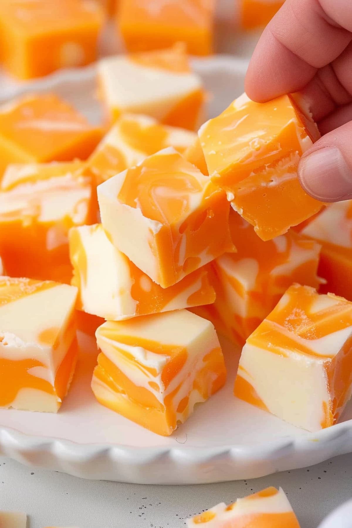 Hand picking a slice of orange creamsicle fudge from a stack