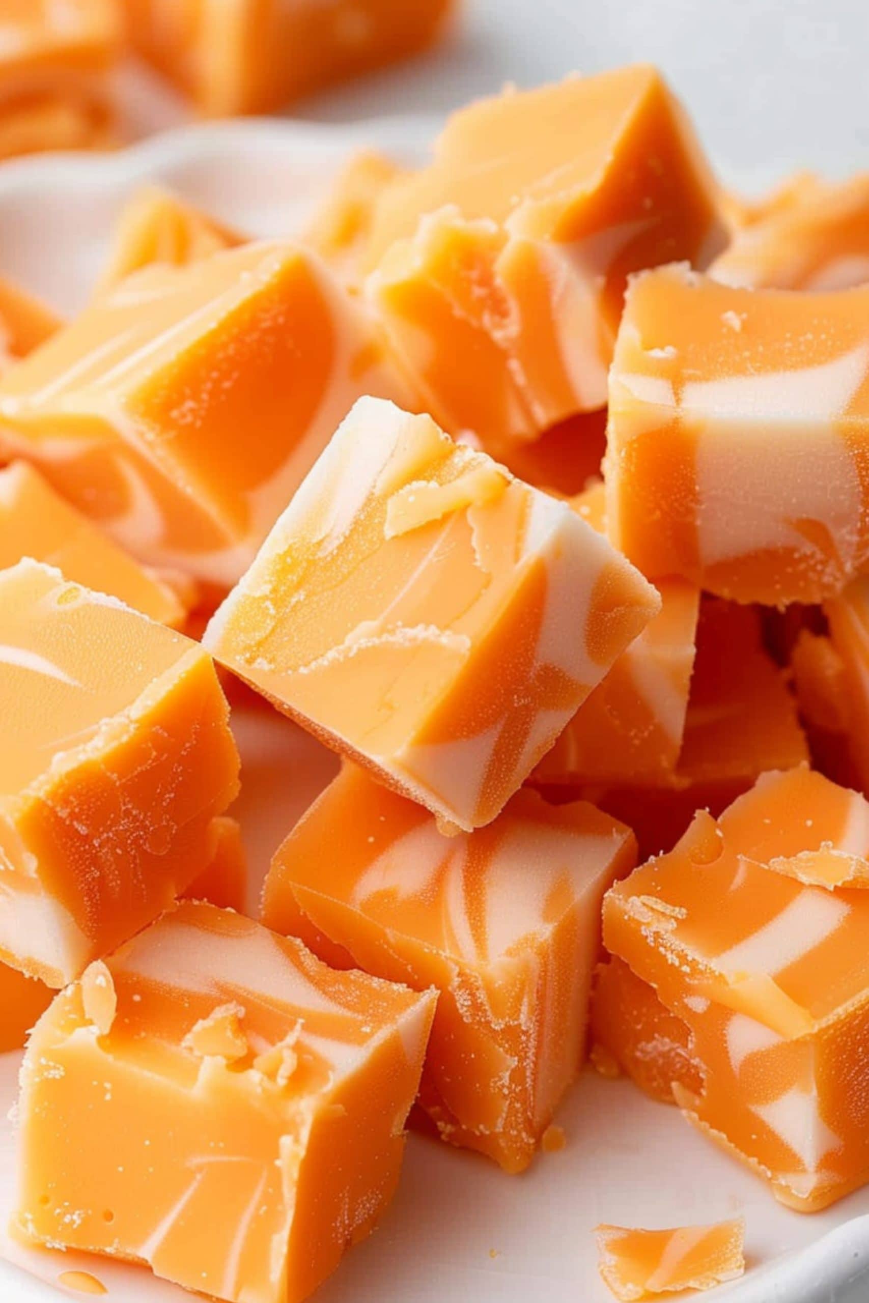 Pile of orange creamsicle fudge cubes on a white plate, close up