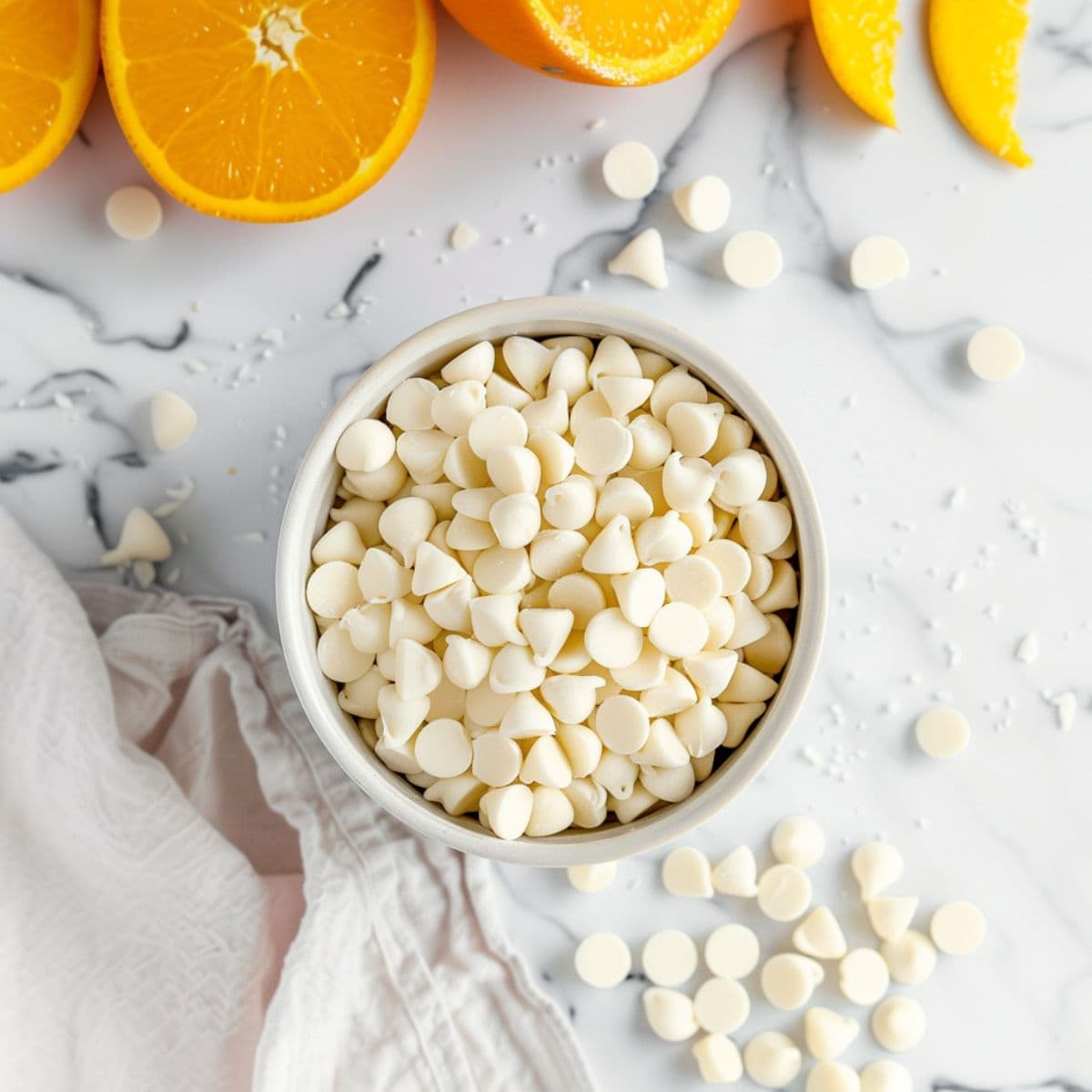 Bowl of white chocolate chips and sliced oranges on the side, top view