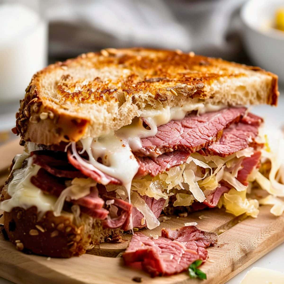 Slice of pastrami sandwich with thick pastrami slices, melting cheese and sauerkraut filling inside. 