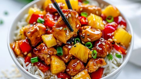 Pineapple chicken stir fry in a bowl of white rice garnished with sesame seeds.