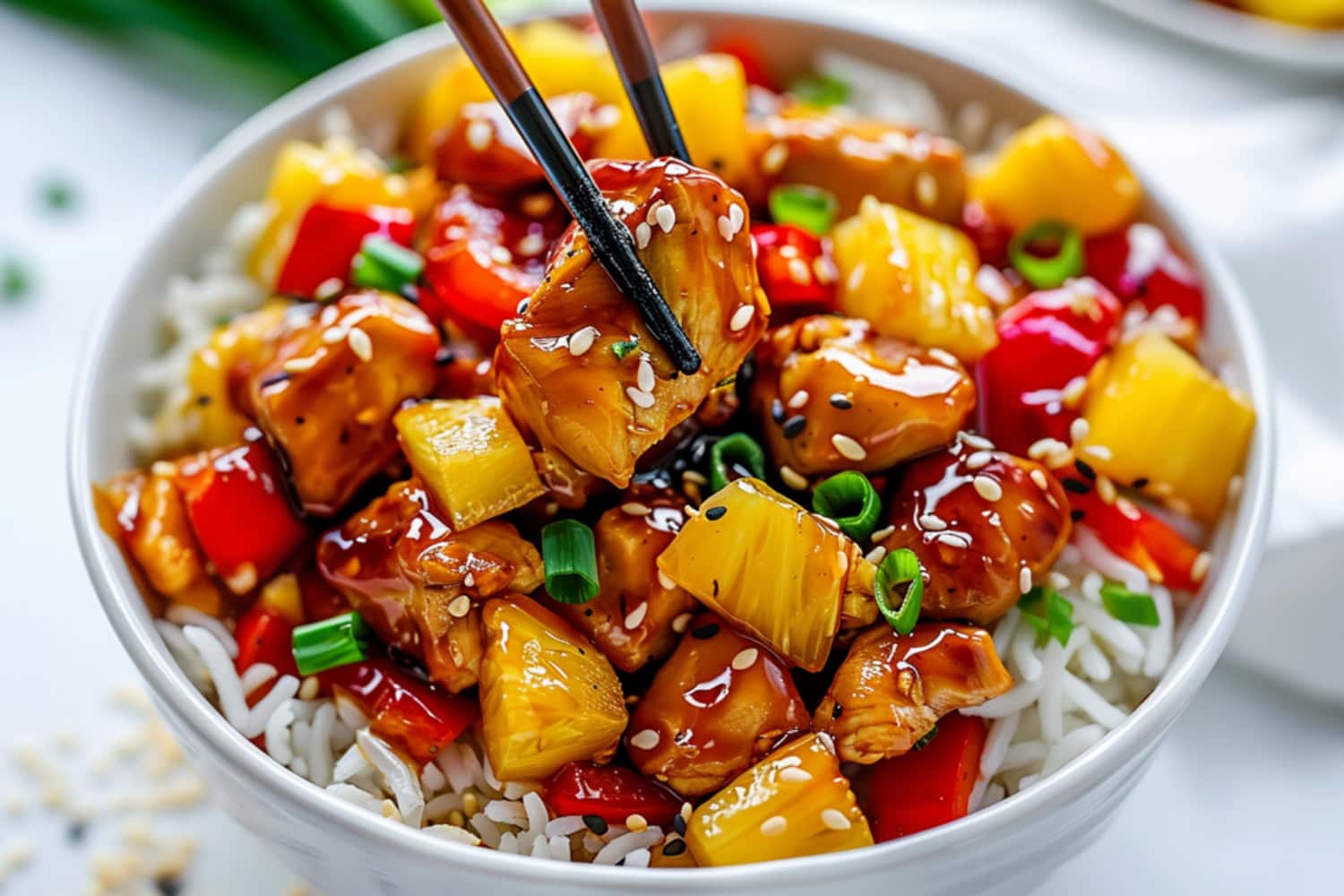 Pineapple chicken stir fry in a bowl of white rice garnished with sesame seeds.