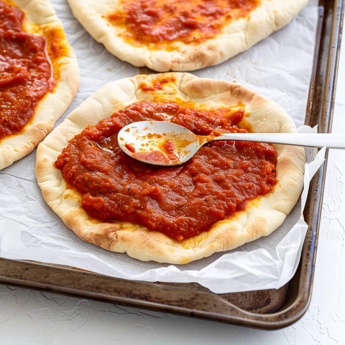 Pita bread topped with marinara sauce in a baking pan with parchment paper.