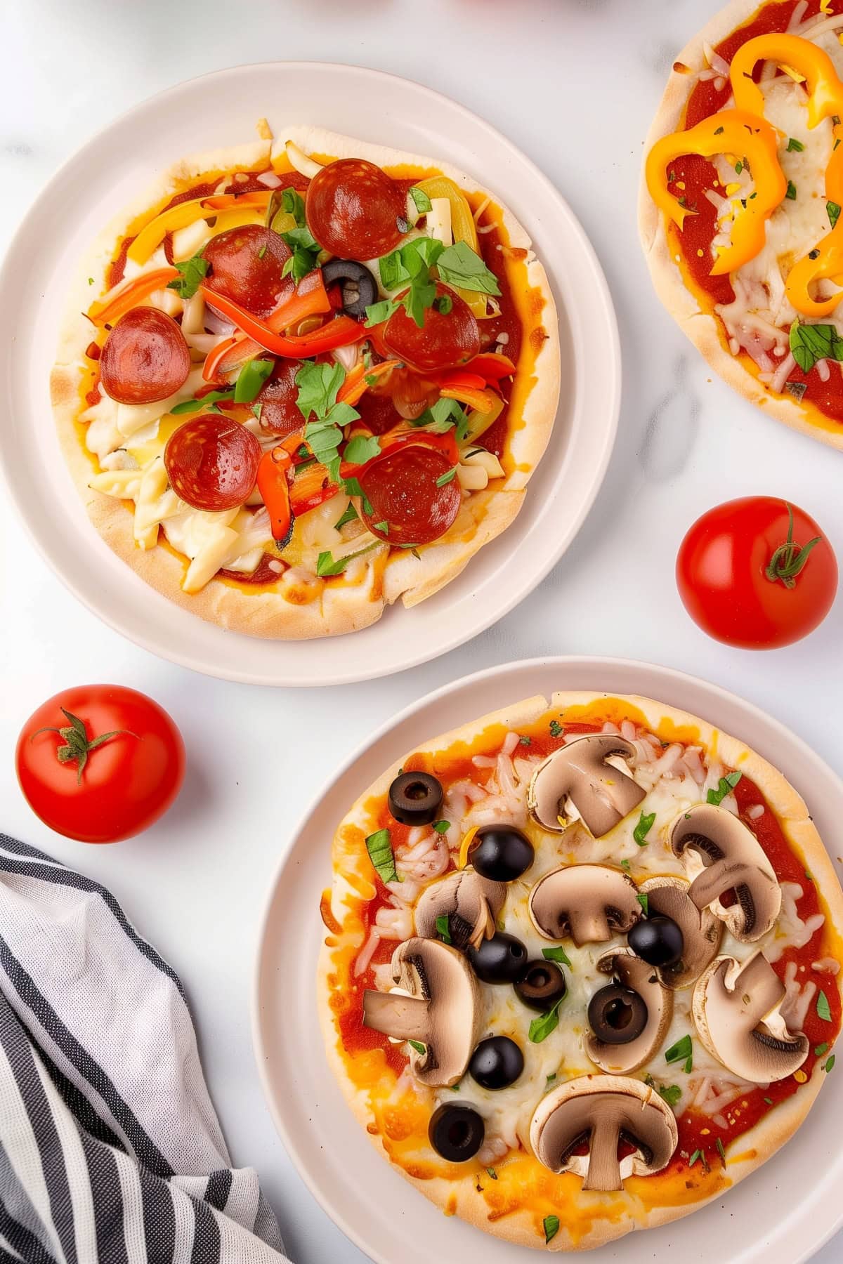 Pita Pizza with Different Toppings Including Pepperoni, Bell Peppers, Mushrooms and Olives.