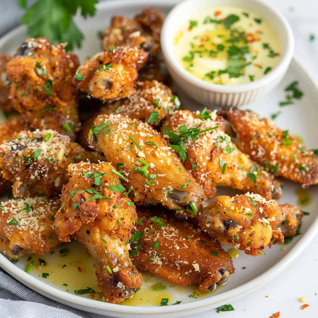 Garlic Parmesan chicken wings on a plate with garlic butter