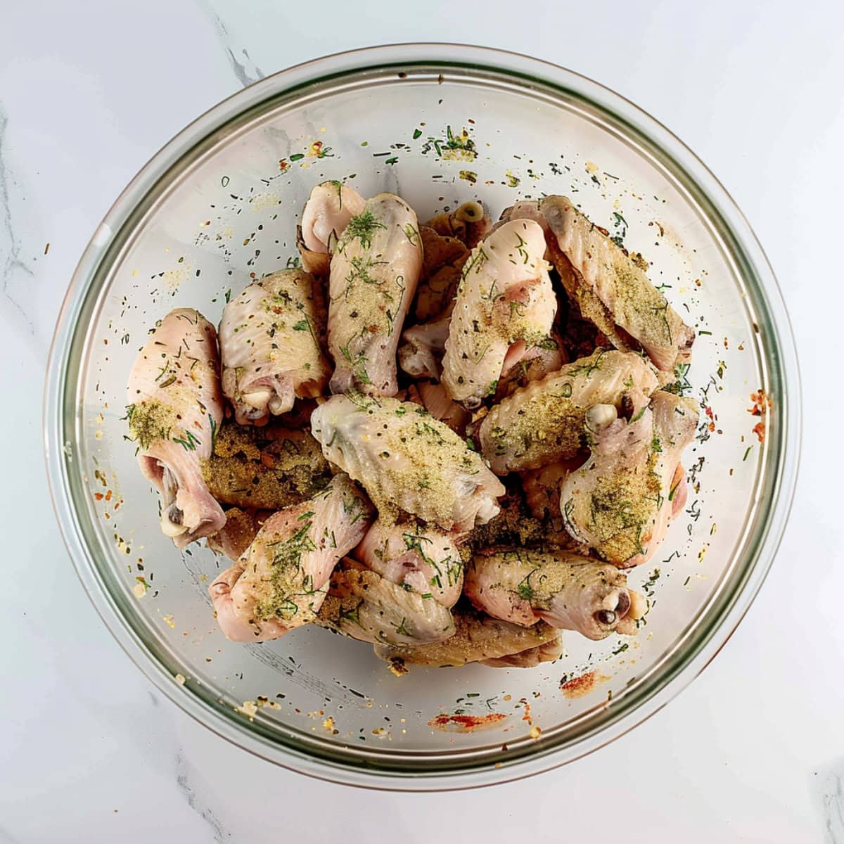 Fresh chicken wings tossed in parsley, dill, chives, onion powder, garlic powder, salt, and pepper on a large glass mixing bowl.