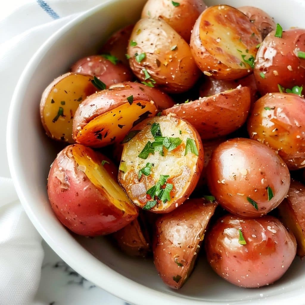 Savory roasted potatoes seasoned with ranch dressing mix in a white bowl.