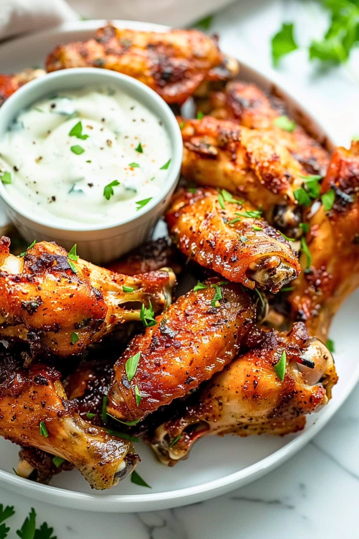 Plate full of baked chicken wings served with ranch dressing in a ramekin.