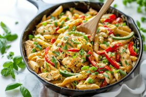 Wooden spoon tossing rasta past with jerk chicken in a pan.