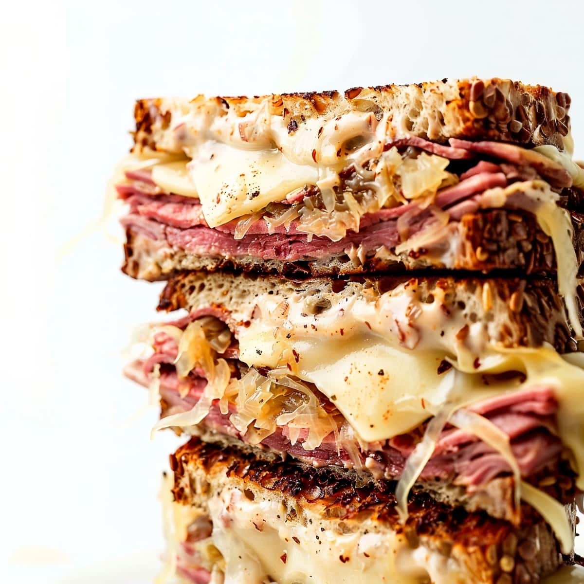 Sliced Reuben sandwich  stacked on top of one another.