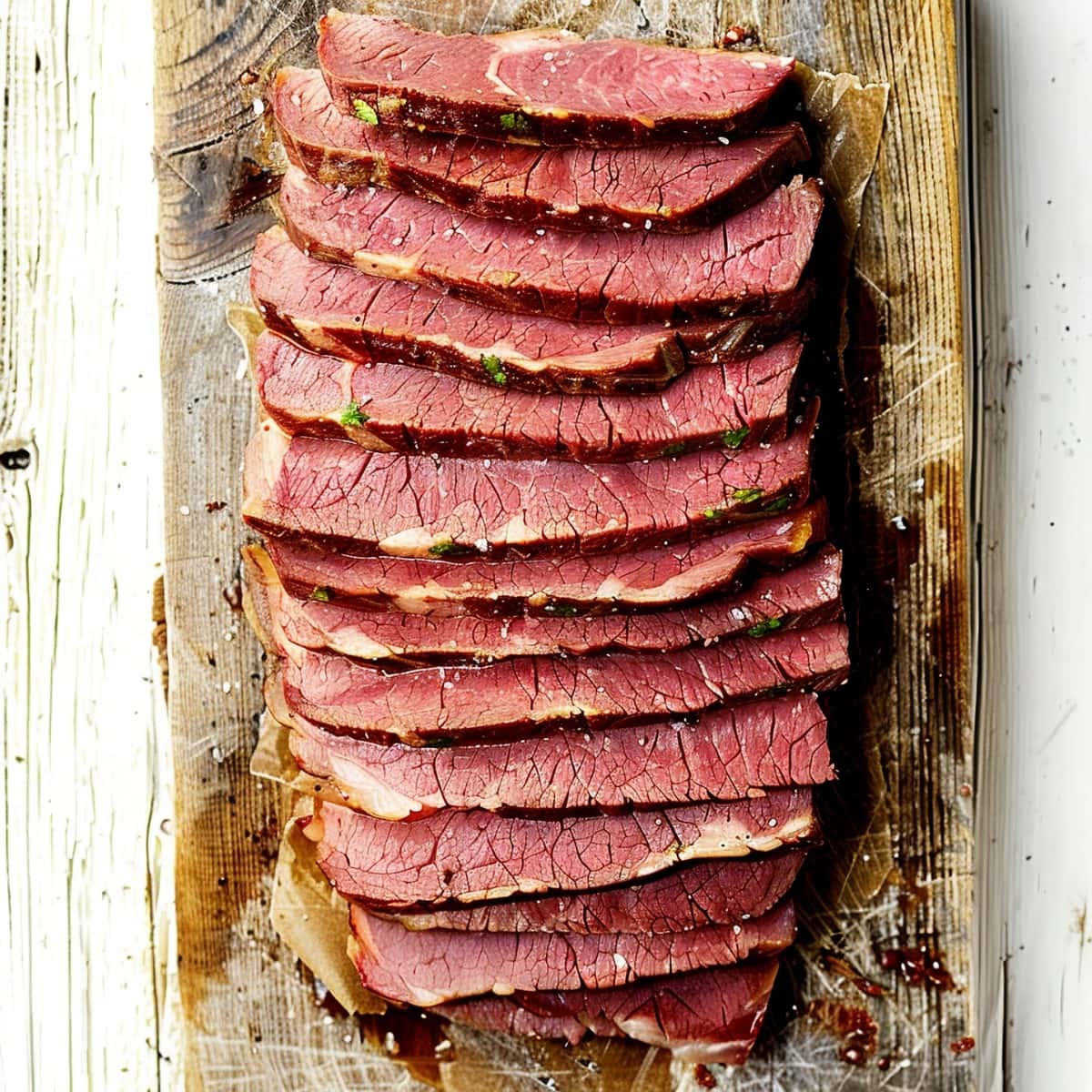 Sliced beef brisket on a wooden chopping board.