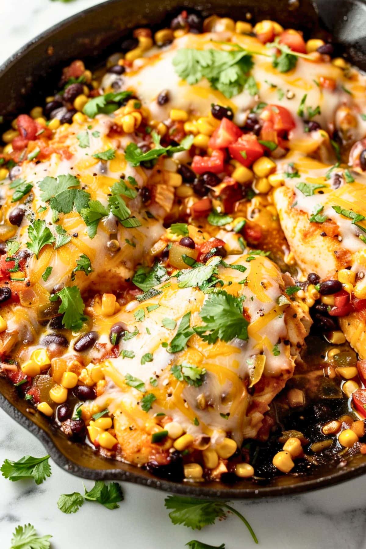 Seared chicken breast in a skillet covered in melted cheese cooked with corn, beans and diced canned tomatoes, close up.