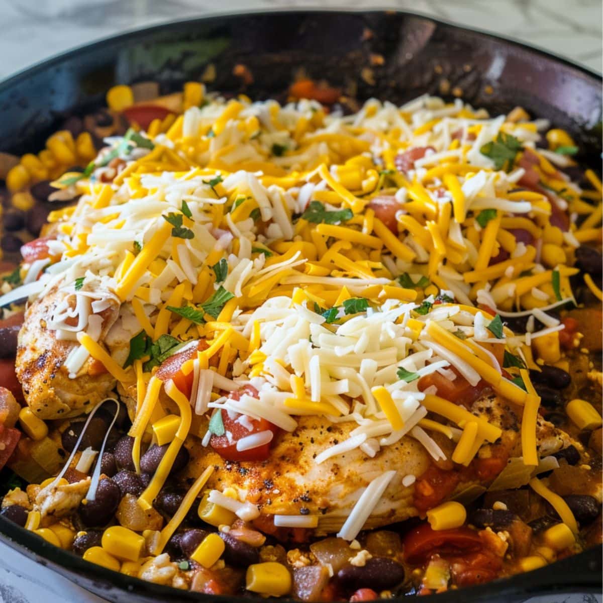 Chicken breast topped with grated cheese nestled on sauteed corn, beans and tomatoes. 