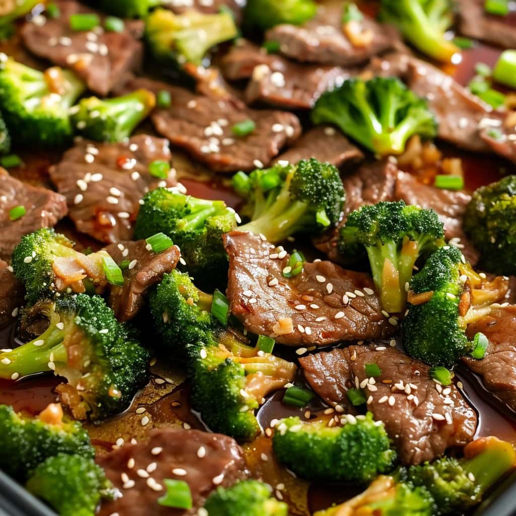 Classic sheet pan beef and broccoli, with a rich, glossy sauce and tender-crisp veggies.