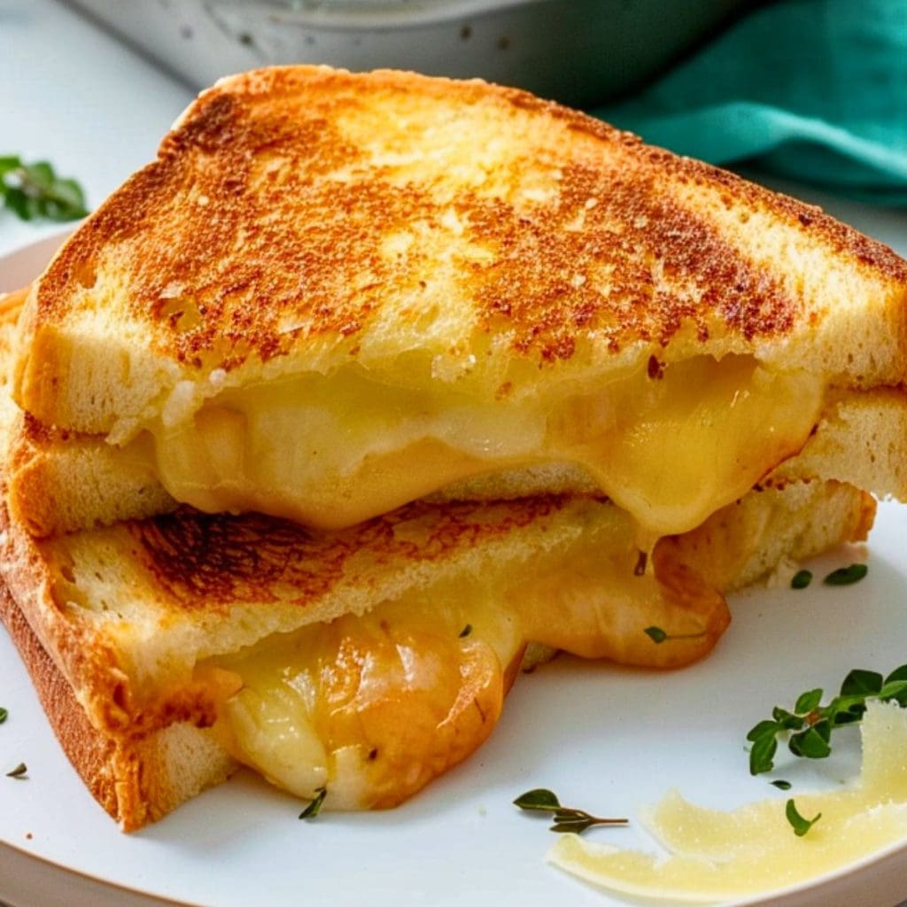 Grilled cheese sandwich served in a white plate.