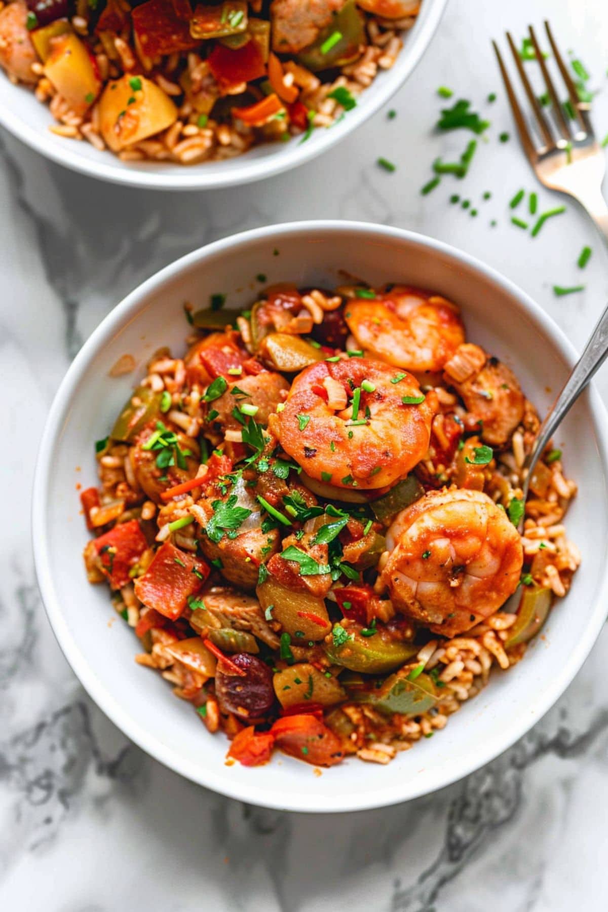 Two servings of Jambalaya with shrimp and sausage in bowl. 