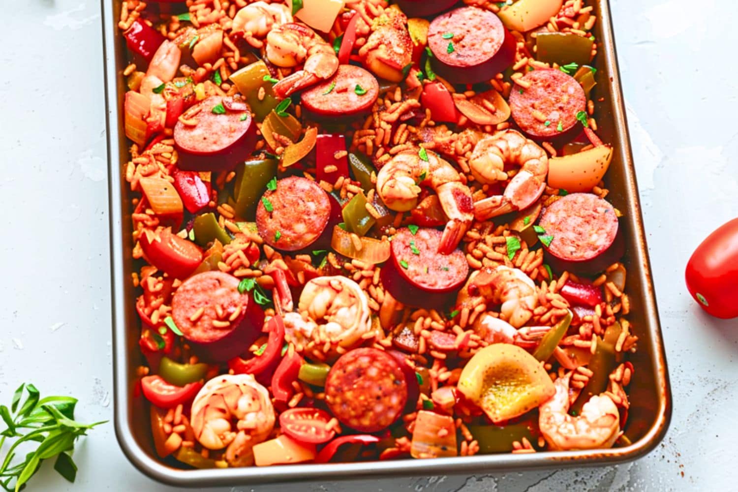 Sheet pan Jambalaya with rice, shrimp, sausage and bell peppers.