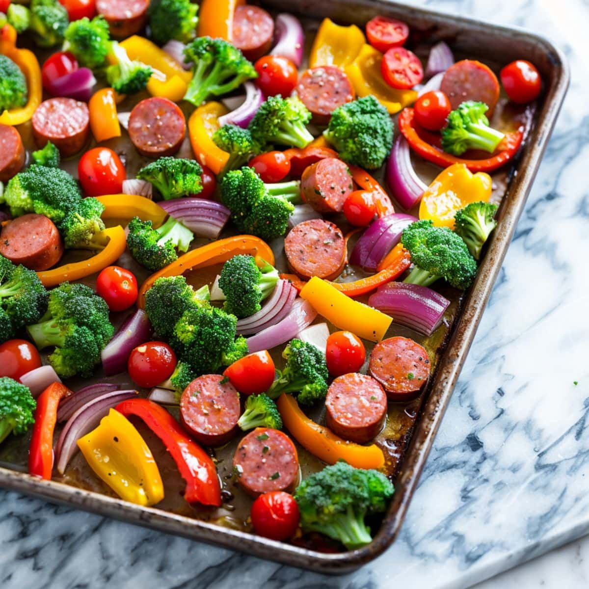 Mixed veggies and sliced smoked sausage tossed in olive oil and seasoning in a sheet pan.