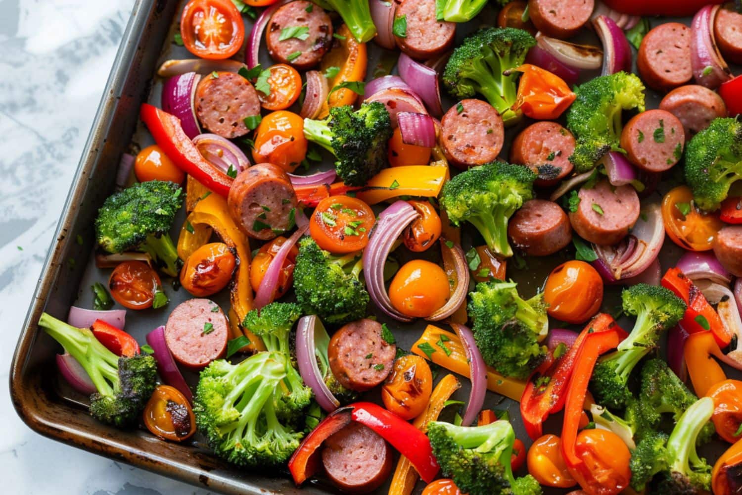 Sheet pan sausage and veggies.