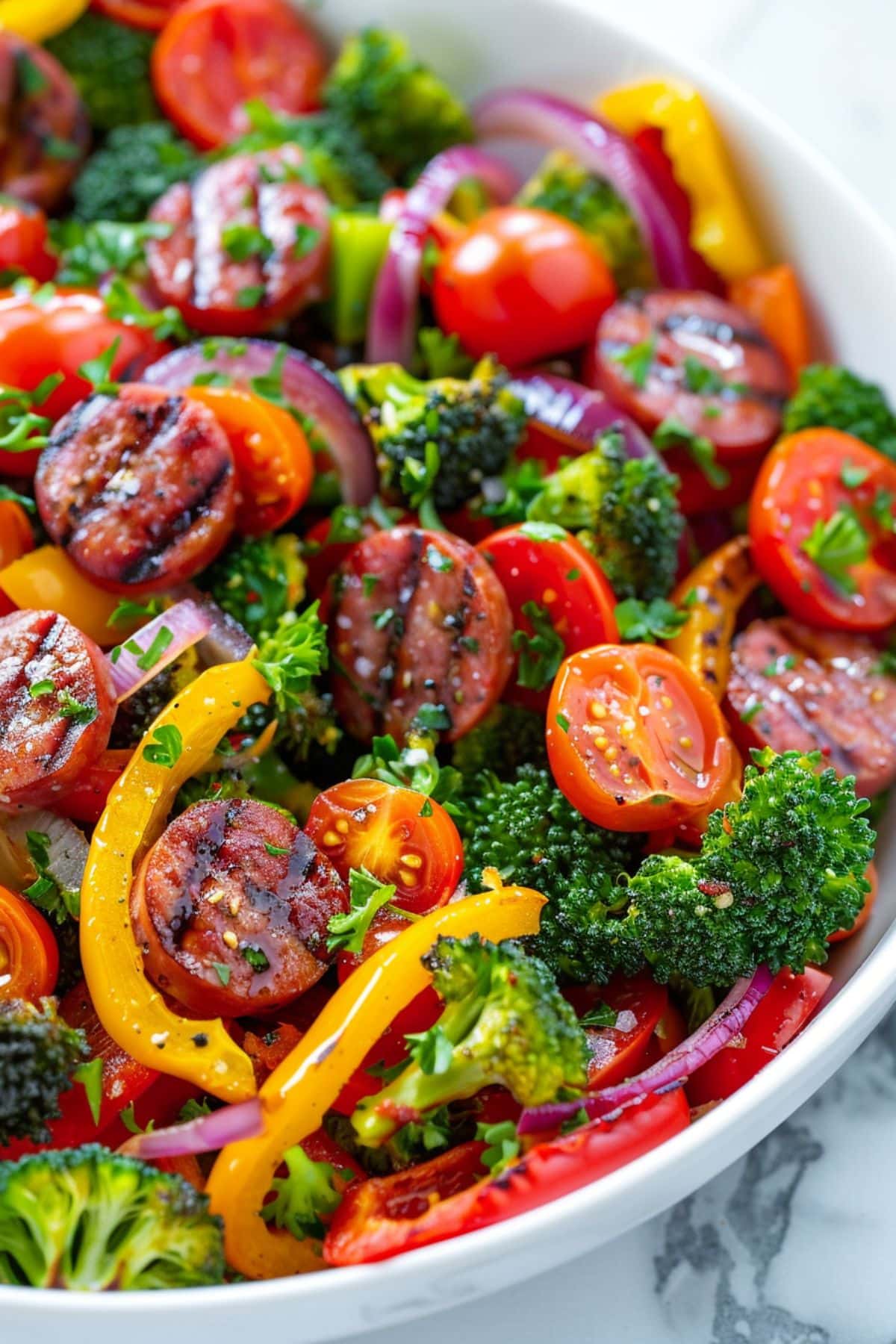 Sausage and veggies served in  a white bowl, close up