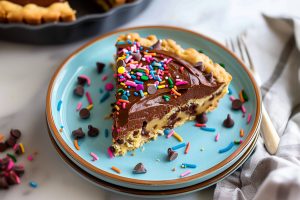 Slice of Chocolate Chip Cookie Cake on a blue plate