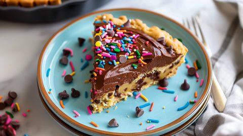 Slice of Chocolate Chip Cookie Cake on a blue plate