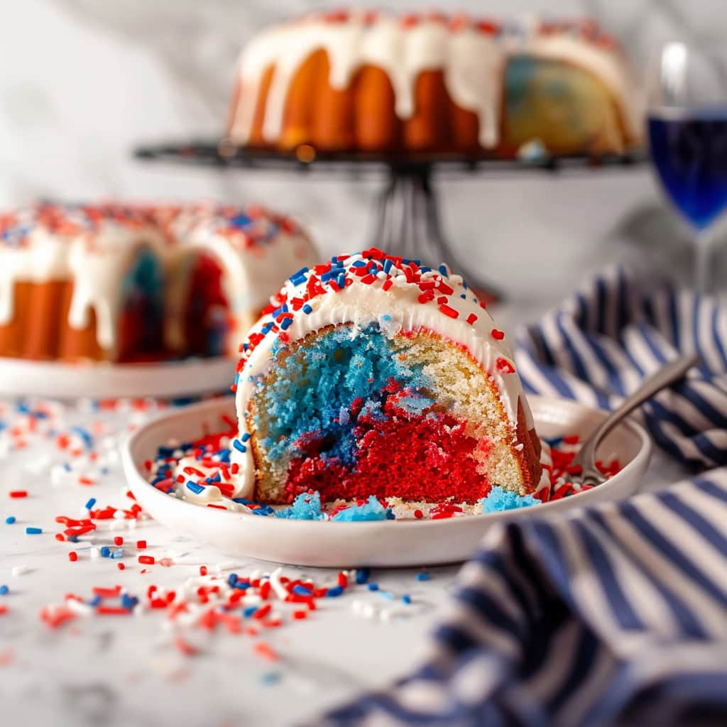 Slice of Firecracker Cake showing red, white, and blue sponge with white frosting and festive sprinkles