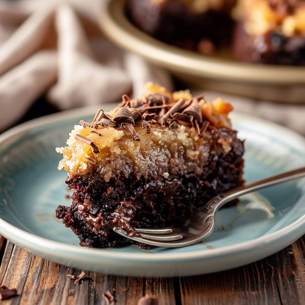 Slice of German Chocolate Poke Cake on a plate with a fork