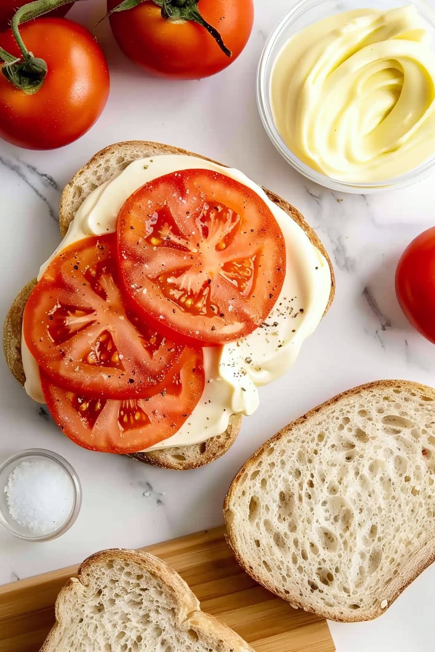 Two slices of bread, one is topped with tomatoes, aioli sauce, salt and pepper.