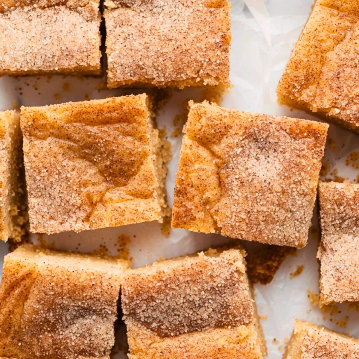 Snickerdoodle bars cut into squares, top down view