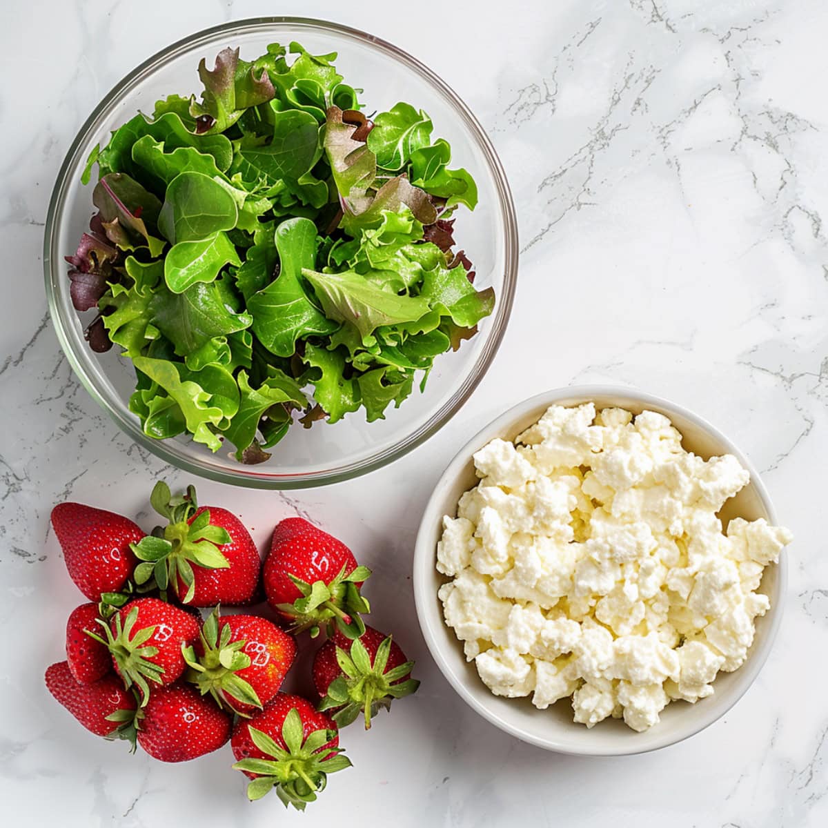 Mixed greens, fresh strawberries and crumbled feta cheese arranged on a white marble table.