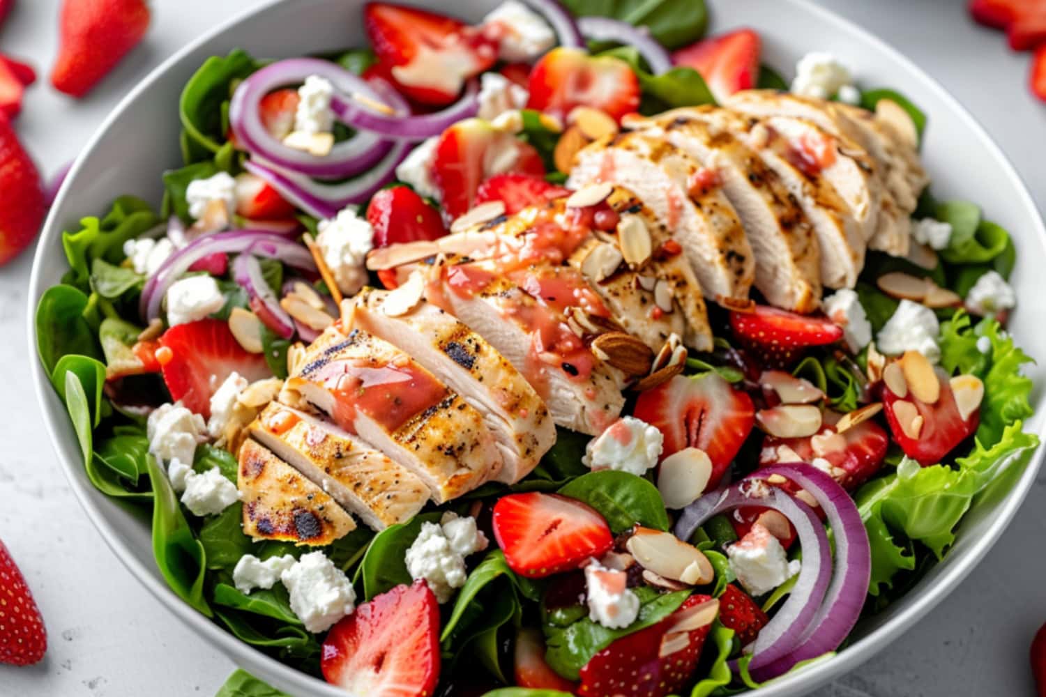 Strawberry chicken salad served in a white bowl topped with sliced grilled chicken breast.