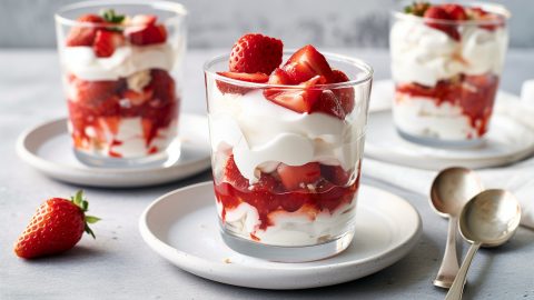 Three strawberry Eton mess filled with whipped cream and coarsed meringue cookies.