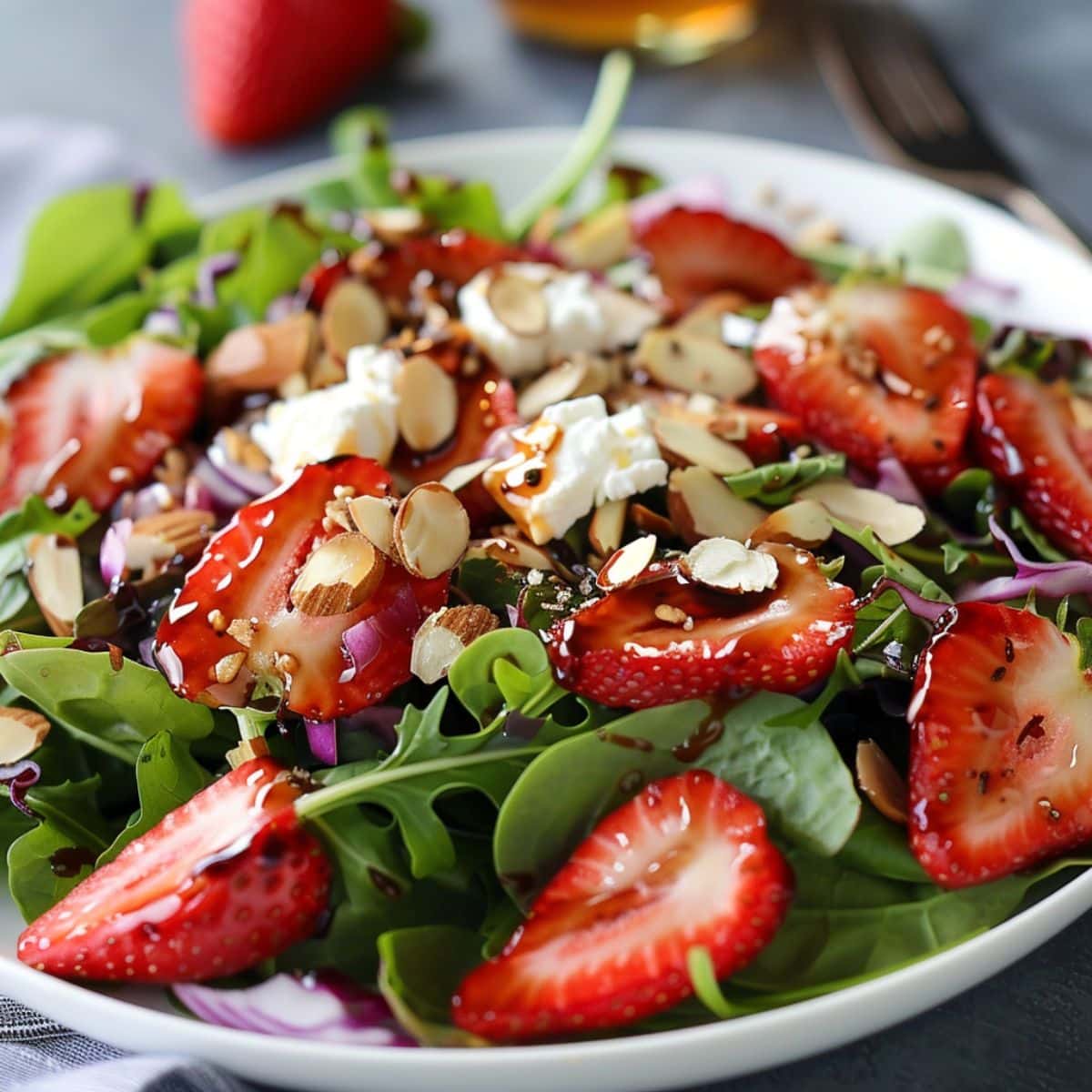 Platter of strawberry salad drizzled with balsamic dressing.