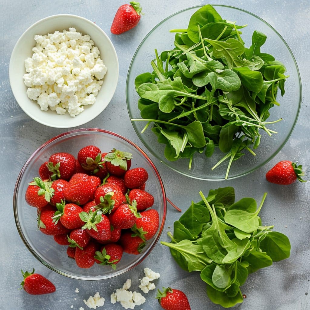 Strawberries, crumbled feta cheese and ,mix greens in a glass bowl flat lay on a concrete surface.