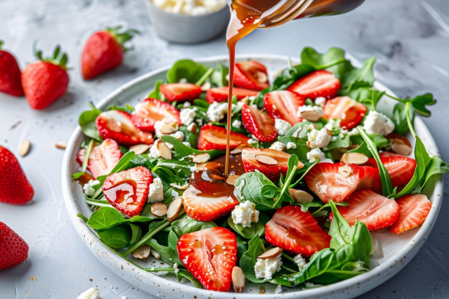 Strawberry salad drizzled with balsamic dressing from a small jar.